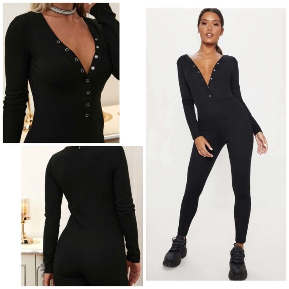 NWT Ribbed Button Up Long Sleeve Jumpsuit in Black Sz Medium & Large